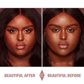 Model with Charlotte Tilbury Lip and Cheek Glow in Colour Of Passion, before and after split showing natural flush on lips and cheeks