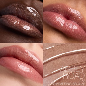 Nars Lip Shine Lip Gloss in Abbey Road 272 Shimmering Bronze, shown in three lip swatch close-ups and a product texture stripe