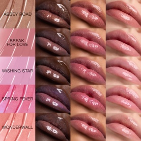 Nars Lip Shine Lip Gloss shade swatch grid showing Abbey Road, Break For Love, Wishing Star, Spring Fever and Wonderwall on multiple skin tones