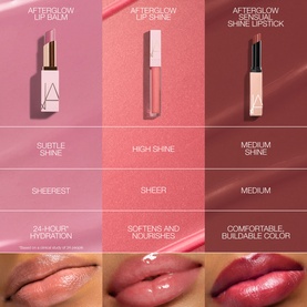 Nars Lip Shine gloss in Triple X, shown in a comparison chart with lip balm and lipstick, featuring finish and texture swatches