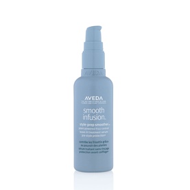 Aveda Smooth Infusion Style-prep Smoother in a clear pump bottle with blue label, hair treatment finishing cream