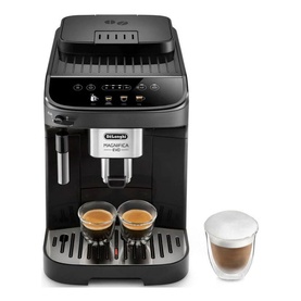 Delonghi Magnifica Evo Automatic Coffee Maker in black, shown with two espresso cups and a glass of frothy milk-based coffee