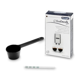 DeLonghi EcoDecalk descaler kit with measuring scoop and water hardness test strip on white background