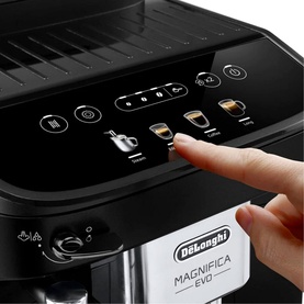 De'Longhi Magnifica Evo Automatic Coffee Maker in black, close-up of touch control panel with finger selecting drink option