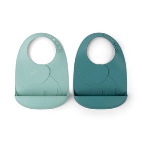 Done By Deer Two-Pack Peekaboo Elphee Bibs in blue, silicone with elephant motif, snap fastening and food-catching pocket