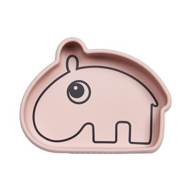 Done By Deer Ozzo Stick & Stay Bowl in light pink silicone, hippo-shaped with black outline design, anti-slip suction base