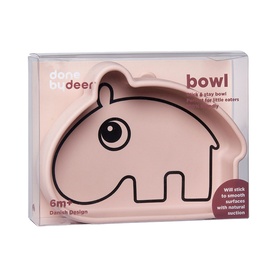 Done By Deer Ozzo Stick & Stay Bowl in light pink silicone, hippo-shaped design, shown in retail packaging
