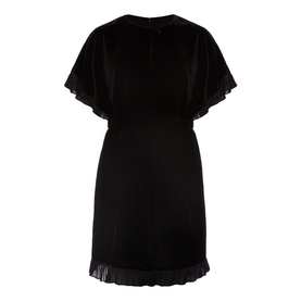 Phase Eight Gianna Velvet Mini Dress in black with fluted cape sleeves, pleated hem trim, round neck, and keyhole back detail