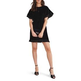 Model wearing Phase Eight Gianna Velvet Mini Dress in black with fluted sleeves, pleated trims and keyhole detail, styled with black heeled sandals