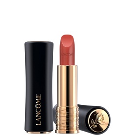 Lanc&ocirc;me L'Absolu Rouge Cream Lipstick in a warm nude-coral shade, shown upright beside its black and gold cap