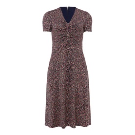 Hobbs Simmy Dress in blue animal print, V-neckline, short sleeves, gathered front detail, knee-length fit-and-flare silhouette