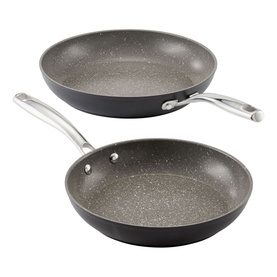 Stellar Rocktanium Non-Stick Two-Piece Frying Pan Set in grey with speckled interior and riveted stainless steel handles, shown in two sizes