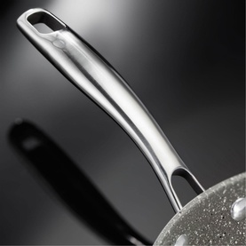 Stellar Rocktanium Frying Pan Set close-up of riveted stainless steel handle with wishbone design and hanging loop