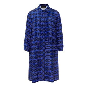 Phase Eight Bregitta Geo Print Shirt Dress in black, blue geometric print, collar, bracelet sleeves, button front, pleated skirt