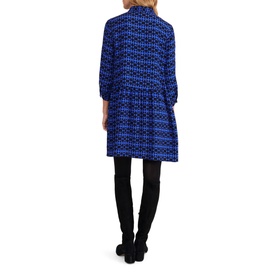 Model wearing Phase Eight Bregitta Geo Print Shirt Dress in black with blue geometric print, bracelet sleeves, collar