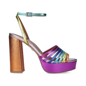 Kurt Geiger London Pierra Platform Block Heels in rainbow metallic multi leather, strappy open-toe design, copper block heel and platform, ankle strap