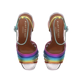 Kurt Geiger London Pierra Platform Block Heels in rainbow metallic multi, strappy open-toe design with ankle strap buckle, top-down view