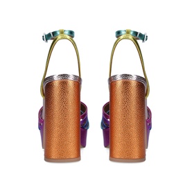 Kurt Geiger London Pierra Platform Block Heels in multi rainbow metallic leather, rear view showing copper block heel and ankle strap buckle