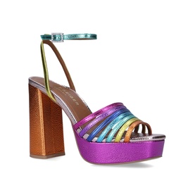 Kurt Geiger London Pierra Platform Block Heels in rainbow metallic multi, open-toe strappy design, ankle strap, copper-toned block platform heel