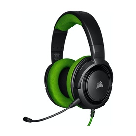 Corsair HS35 Stereo Gaming Headset in black and green with padded ear cups and detachable boom microphone
