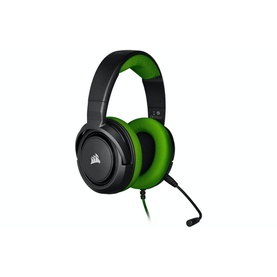 Corsair HS35 Stereo Gaming Headset in green and black with padded ear cups and flexible boom microphone