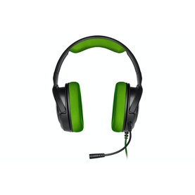 Corsair HS35 Stereo Gaming Headset in green and black with padded ear cups, adjustable headband, and attached microphone