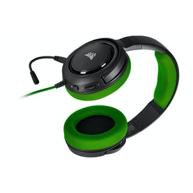 Corsair HS35 Stereo Gaming Headset in green and black, with padded ear cushions, adjustable headband, and flexible boom microphone