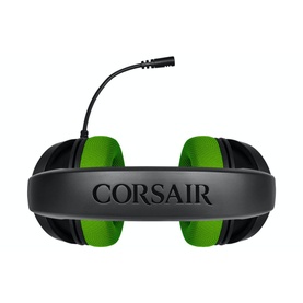 Corsair HS35 Stereo Gaming Headset in green and black with flexible boom microphone, rear view showing branded headband