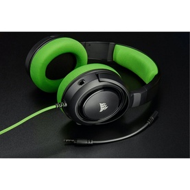 Corsair HS35 Stereo Gaming Headset in green and black with cushioned ear cups and braided cable