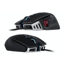 Corsair M65 RGB Elite Tunable FPS Gaming Mouse in black, shown from two angles with RGB lighting accents and silver scroll wheel detailing