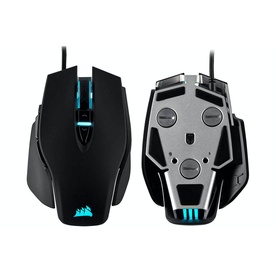 Corsair M65 RGB Elite Tunable FPS Gaming Mouse in black, shown from top and bottom angles with blue RGB lighting and silver weight system visible