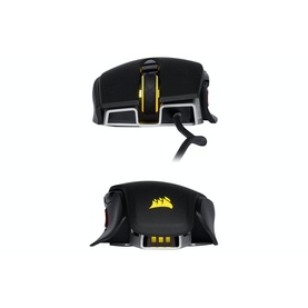 Corsair M65 RGB Elite Tunable FPS Gaming Mouse in black, shown from top and bottom angles with yellow RGB accents and logo