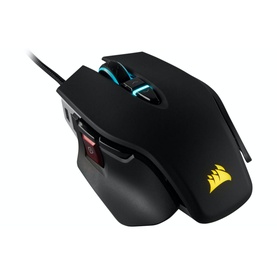 Corsair M65 RGB Elite Tunable FPS Gaming Mouse in black with RGB lighting accents, multiple side buttons, and wired connection