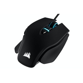 Corsair M65 RGB Elite Tunable FPS Gaming Mouse in black with blue RGB scroll wheel accent and Corsair logo detail