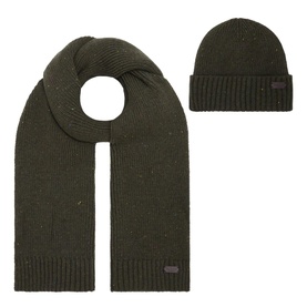 Barbour Wool-Blend Hat & Scarf Gift Set in khaki, knitted texture with ribbed trim and logo patch on both pieces
