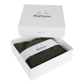 Barbour Wool-Blend Hat & Scarf Gift Set in khaki, presented in branded white gift box with ribbed knit detailing visible