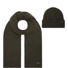 Barbour Wool-Blend Hat & Scarf Gift Set in khaki, knitted texture with ribbed trim and logo patch on both pieces