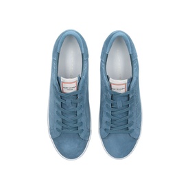 Kurt Geiger London Lexi Stitch Trainers in blue suede, low top with lace fastening, contrast stitch detail and white sole, top-down view
