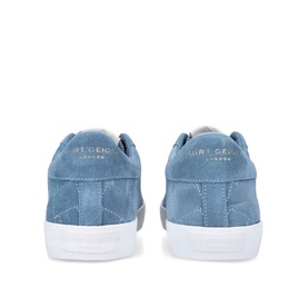 Kurt Geiger London Lexi Stitch Trainers in blue suede, contrast stitch detail, white sole, rear view of low-top pair
