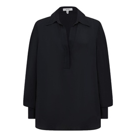 Reiss Millie Side Stripe Shirt in blue, collared V-neck pullover style with press-stud closure and long sleeves