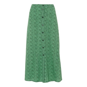 Whistles Ink Leopard Button Front Skirt in green, midi length with subtle leopard print and front button fastening