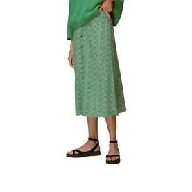 Model wearing Whistles Ink Leopard Button Front Skirt in green, midi length with button detail, styled with green top and black sandals