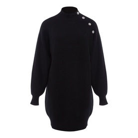Phase Eight Reeva Cosy Button Detail Dress in black with high neck, silver button shoulder detail, and long batwing sleeves