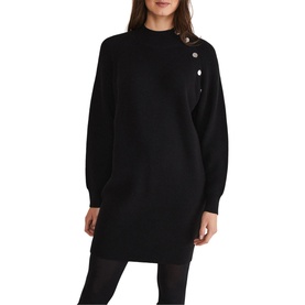 Model wearing Phase Eight Reeva Cosy Button Detail Dress in black, high neck with silver button detail, long batwing sleeves