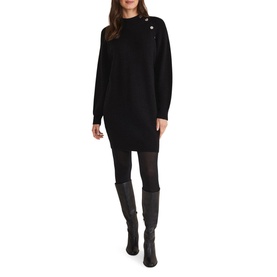 Model wearing Phase Eight Reeva Cosy Button Detail Dress in black with high neck and button detail, styled with dark knee-high boots