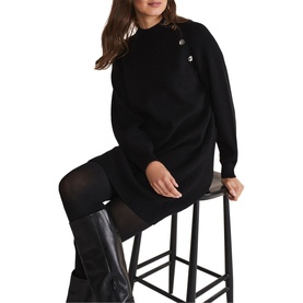 Model wearing Phase Eight Reeva Cosy Button Detail Dress in black with high neck and silver button detail
