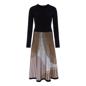 Phase Eight Silvia Fit And Flare Dress in black with pleated gold and cream striped midi skirt, round neck, long sleeves