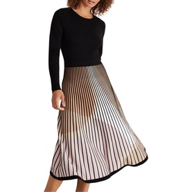 Model wearing Phase Eight Silvia Fit And Flare Dress in multi, black long-sleeve bodice with striped ombre pleated midi skirt