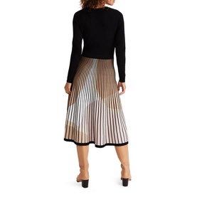 Model wearing Phase Eight Silvia Fit And Flare Dress in multi, back view showing black bodice and striped pleated midi skirt with block heels