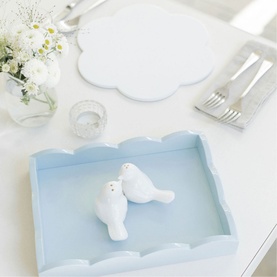 Addison Ross 11x8 Scalloped Tray in denim blue lacquered wood, styled on a white table with ceramic bird figurines